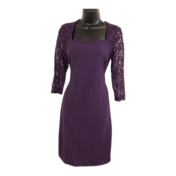 Purple lace sleeve square neck‎ sequin sheath dress gown size 6 petite new - Picture 8 of 14